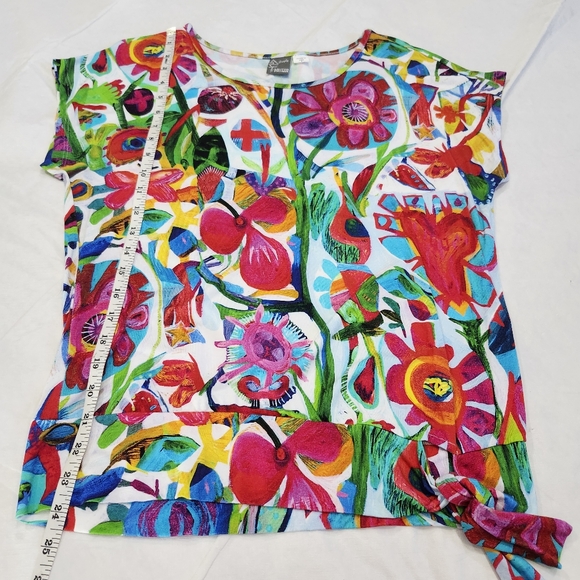 Dolcezza Size Small Pink Red Graphic Tie Front Blouse - Picture 6 of 11